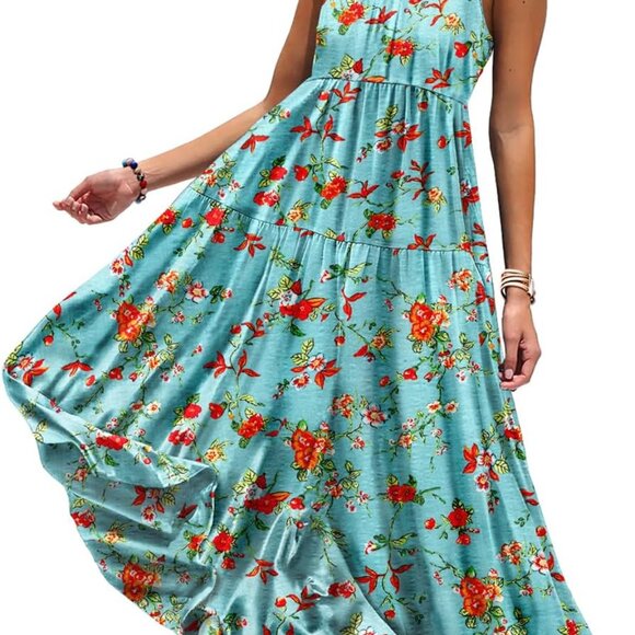Bohemian Floral Maxi Dress Women Cotton Rayon Summer Flowy Pockets - Picture 1 of 5